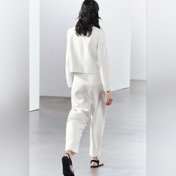 NWT ZARA WOMAN COLLECTION Cropped blazer made withโ25% linen WHITE - Picture 7 of 16